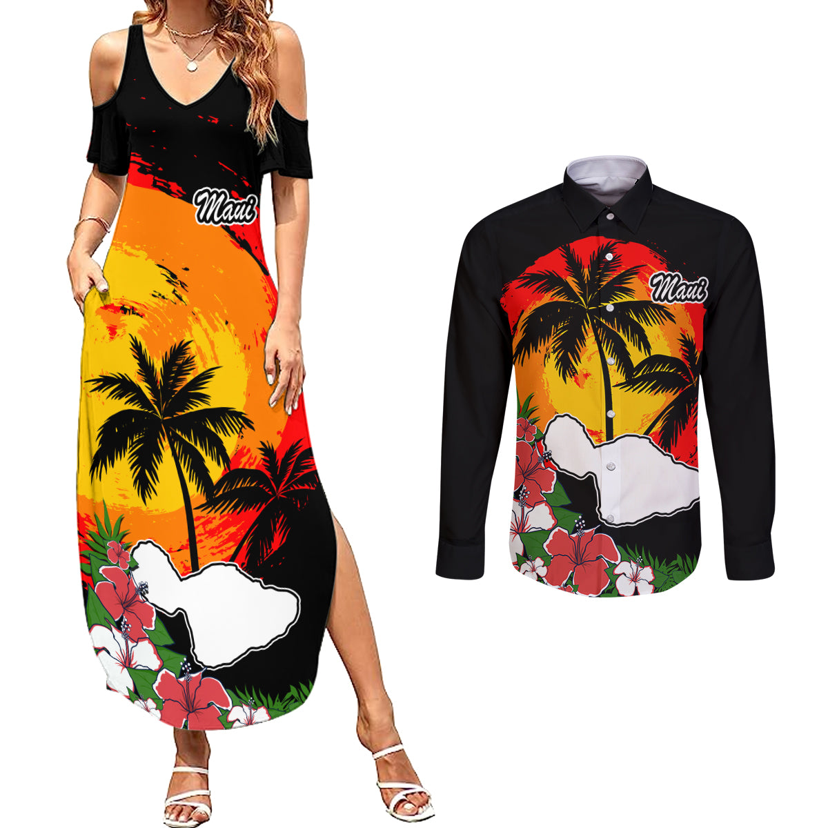 Custom Hawaii Maui Island Couples Matching Summer Maxi Dress and Long Sleeve Button Shirts Maui Map With Tropical Forest Vintage Style LT03 Black - Polynesian Pride