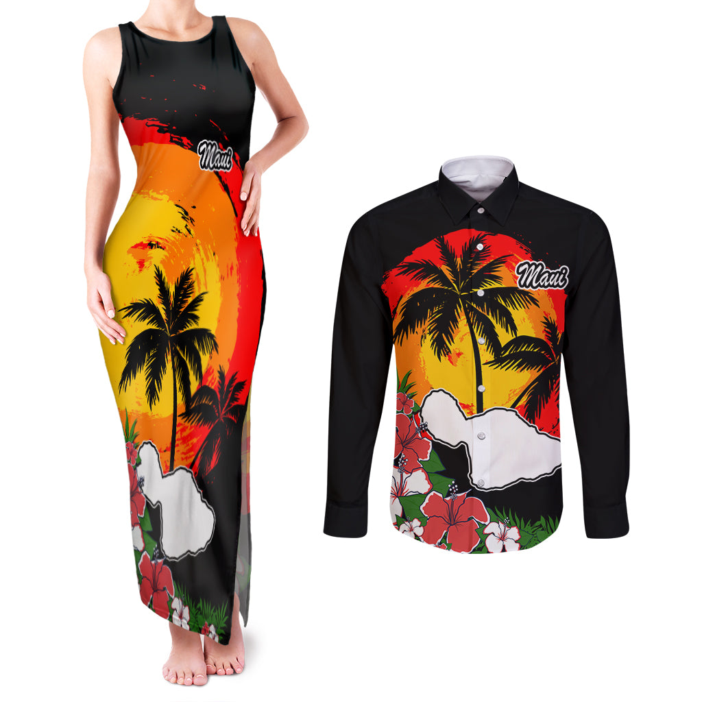 Custom Hawaii Maui Island Couples Matching Tank Maxi Dress and Long Sleeve Button Shirts Maui Map With Tropical Forest Vintage Style LT03 Black - Polynesian Pride