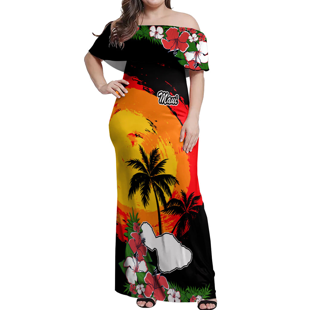 Custom Hawaii Maui Island Off Shoulder Maxi Dress Maui Map With Tropical Forest Vintage Style LT03 Women Black - Polynesian Pride