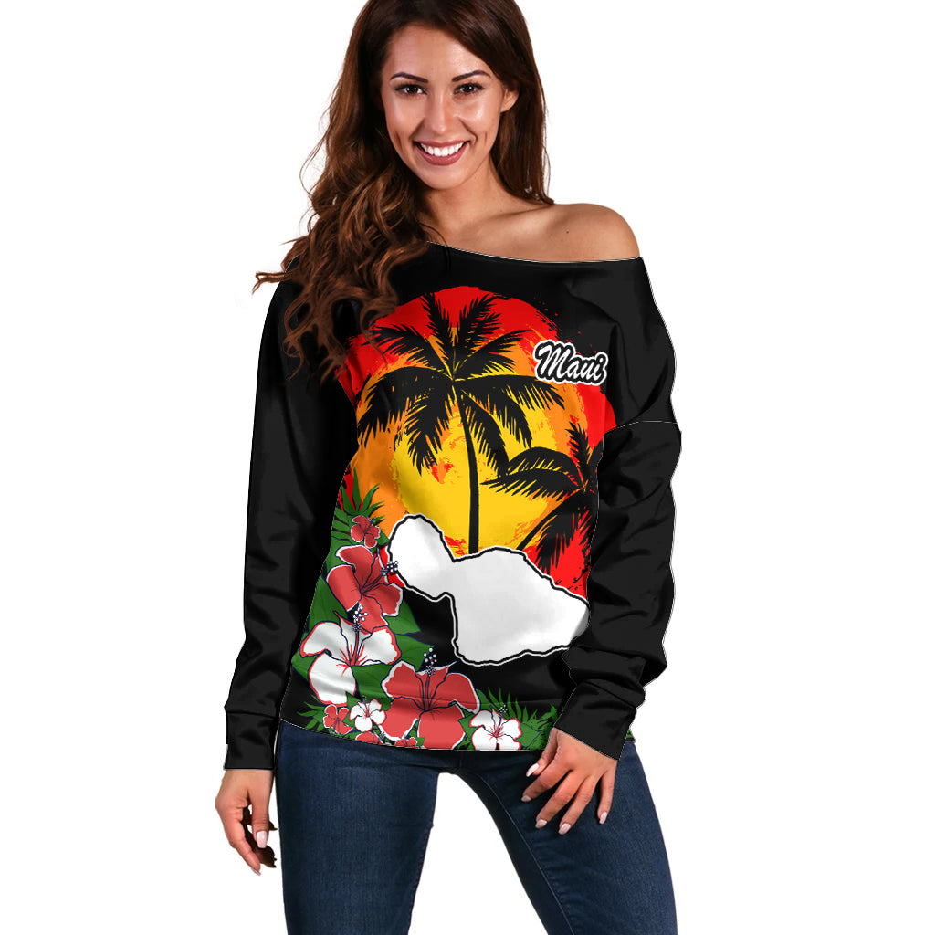 Custom Hawaii Maui Island Off Shoulder Sweater Maui Map With Tropical Forest Vintage Style LT03 Women Black - Polynesian Pride