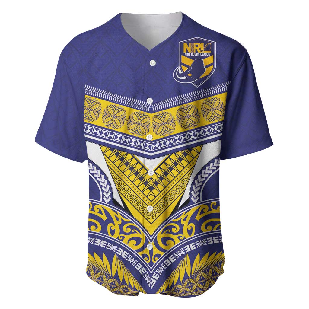 Custom Rugby Niue Baseball Jersey Hiapo Tribal Heritage Tattoos Blue Color - Polynesian Pride