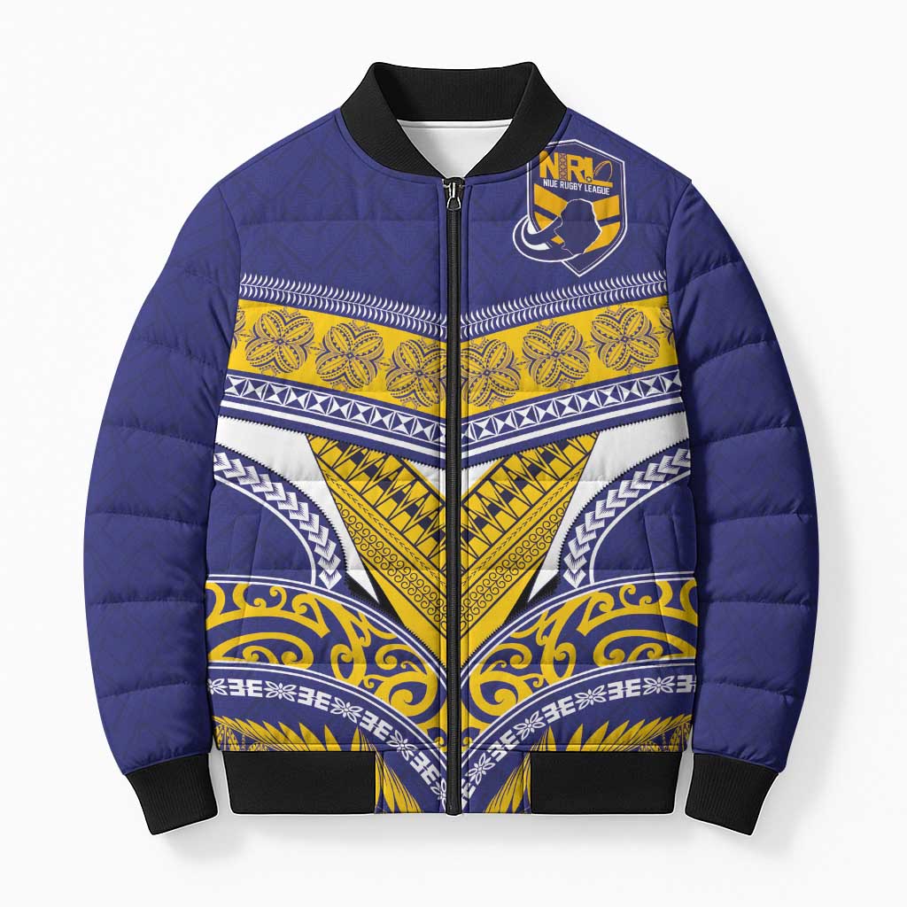 Custom Rugby Niue Bomber Puffer Jacket Hiapo Tribal Heritage Tattoos Blue Color - Polynesian Pride