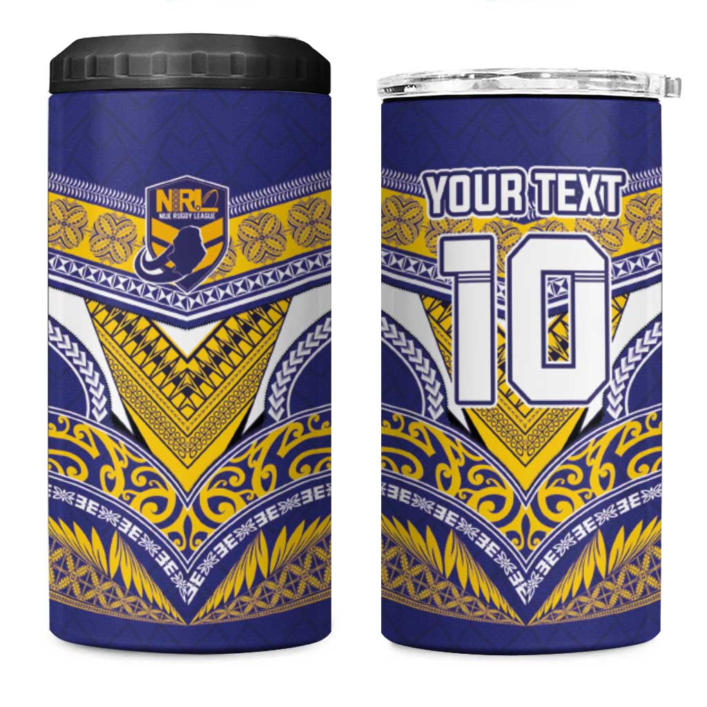 Custom Rugby Niue 4 in 1 Can Cooler Tumbler Hiapo Tribal Heritage Tattoos Blue Color - Polynesian Pride