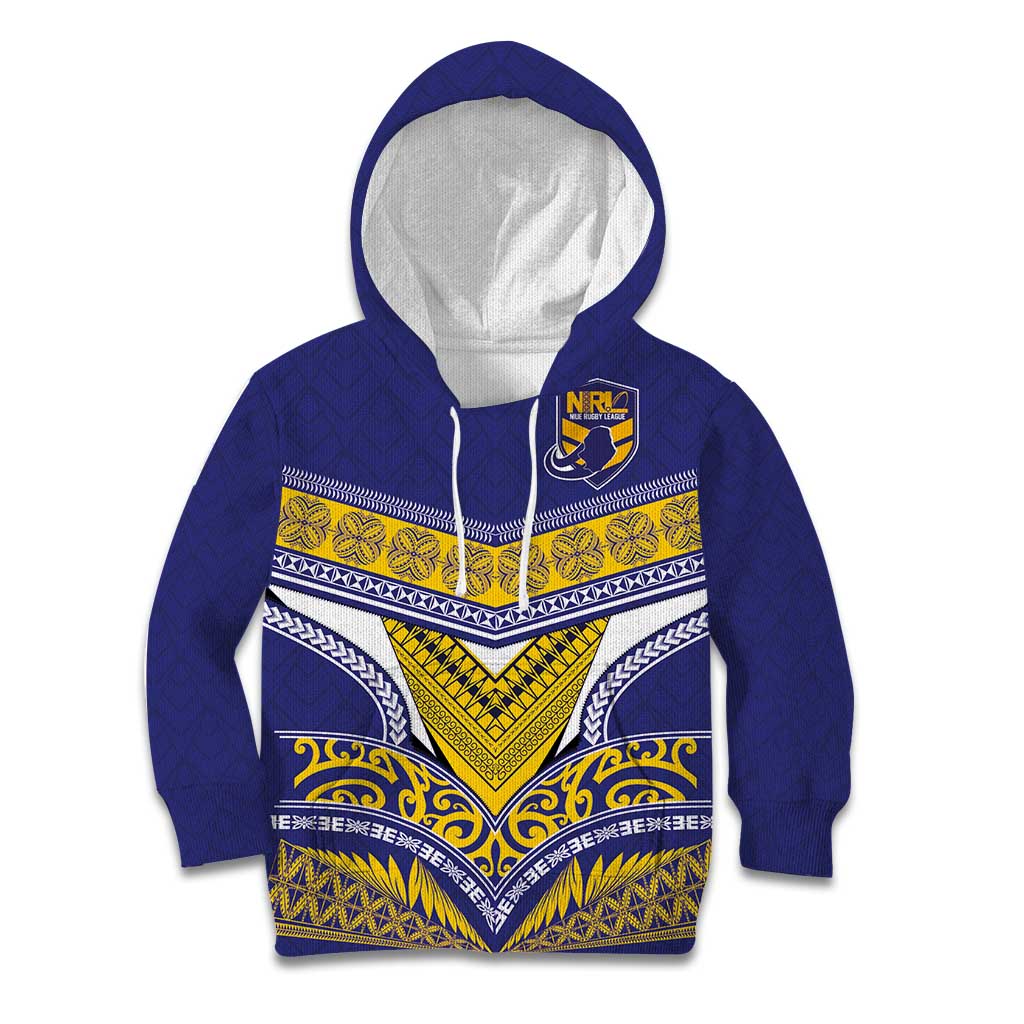 Custom Rugby Niue Kid Hoodie Hiapo Tribal Heritage Tattoos Blue Color - Polynesian Pride