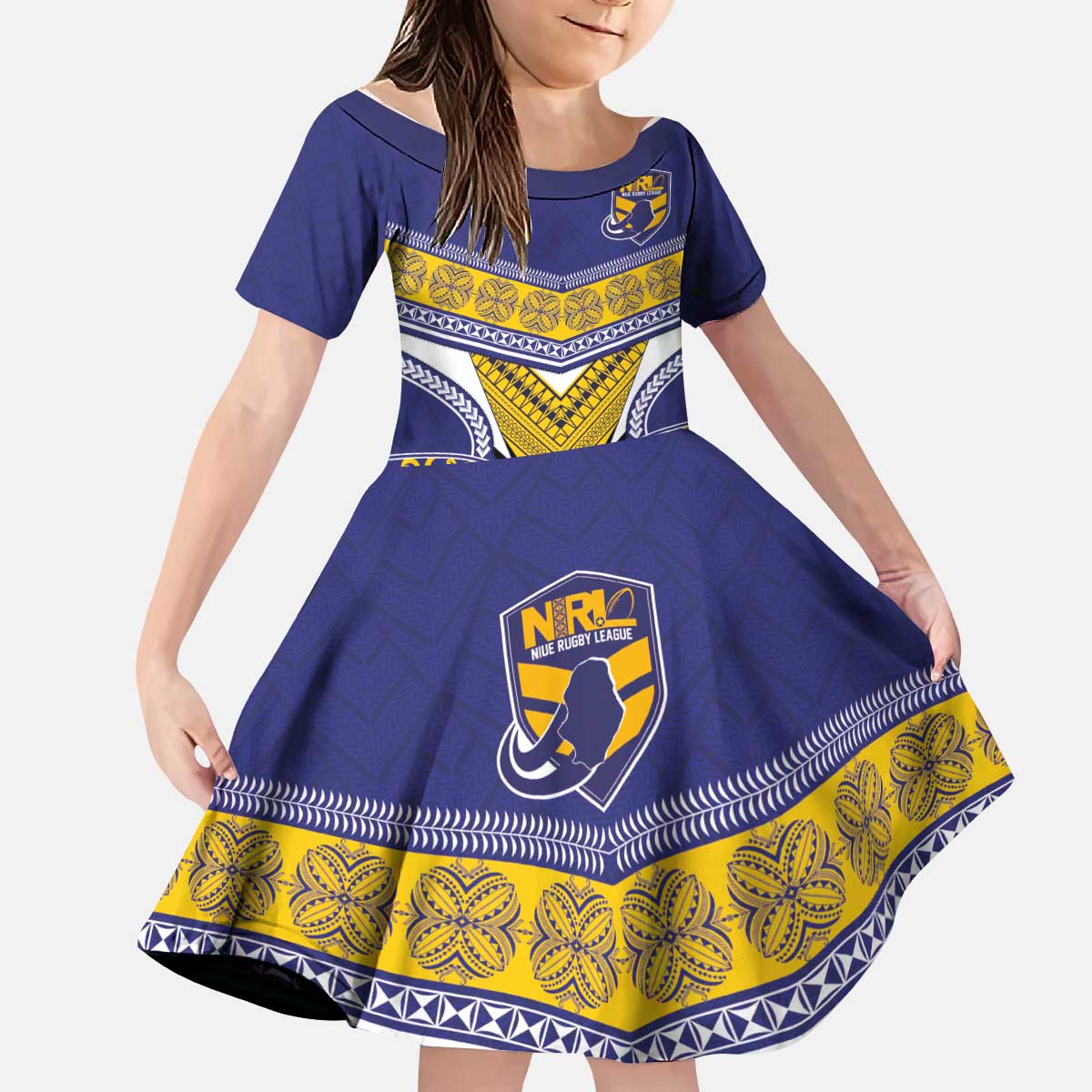 Custom Rugby Niue Kid Short Sleeve Dress Hiapo Tribal Heritage Tattoos Blue Color - Polynesian Pride