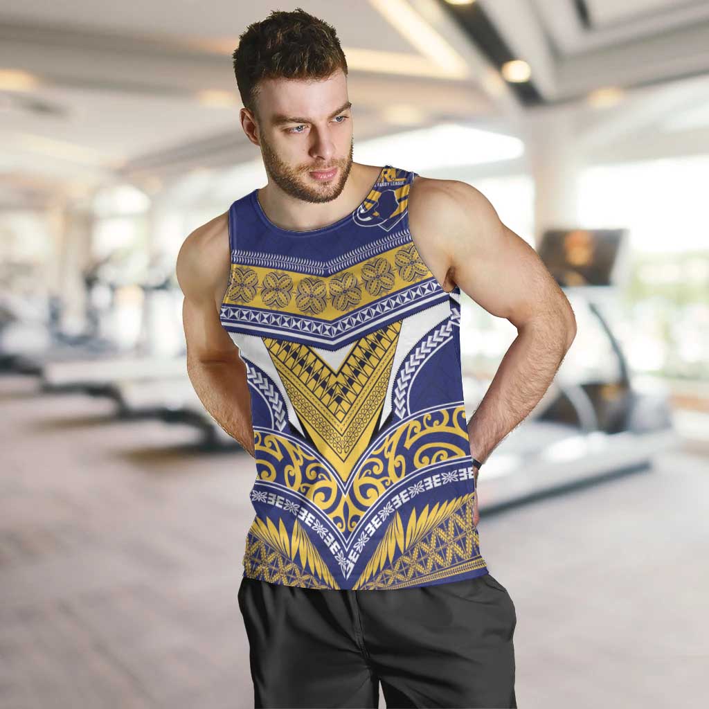 Custom Rugby Niue Men Tank Top Hiapo Tribal Heritage Tattoos Blue Color - Polynesian Pride