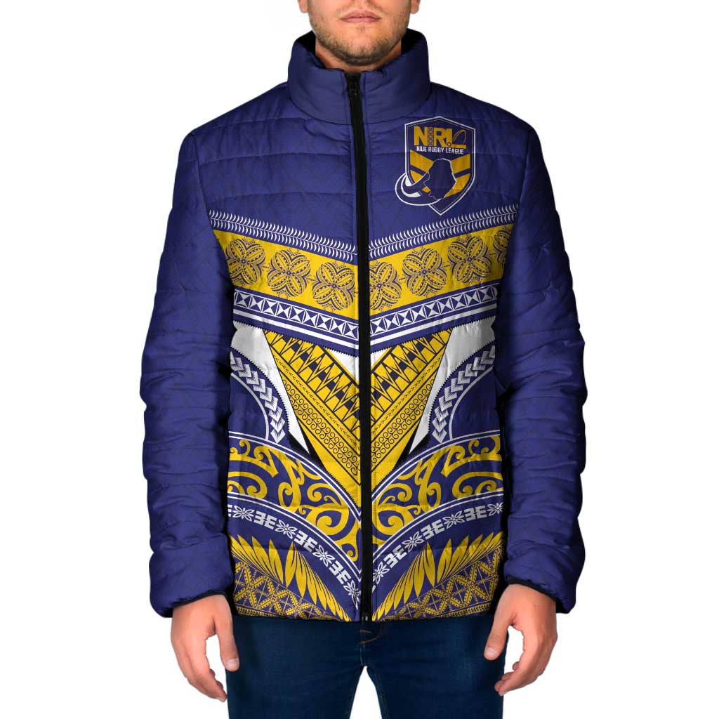 Custom Rugby Niue Padded Jacket Hiapo Tribal Heritage Tattoos Blue Color - Polynesian Pride