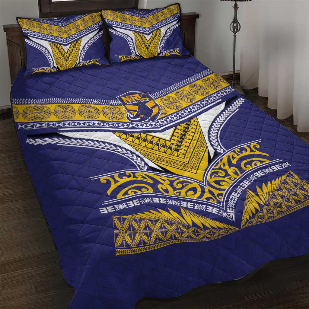 Rugby Niue Quilt Bed Set Hiapo Tribal Heritage Tattoos Blue Color - Polynesian Pride