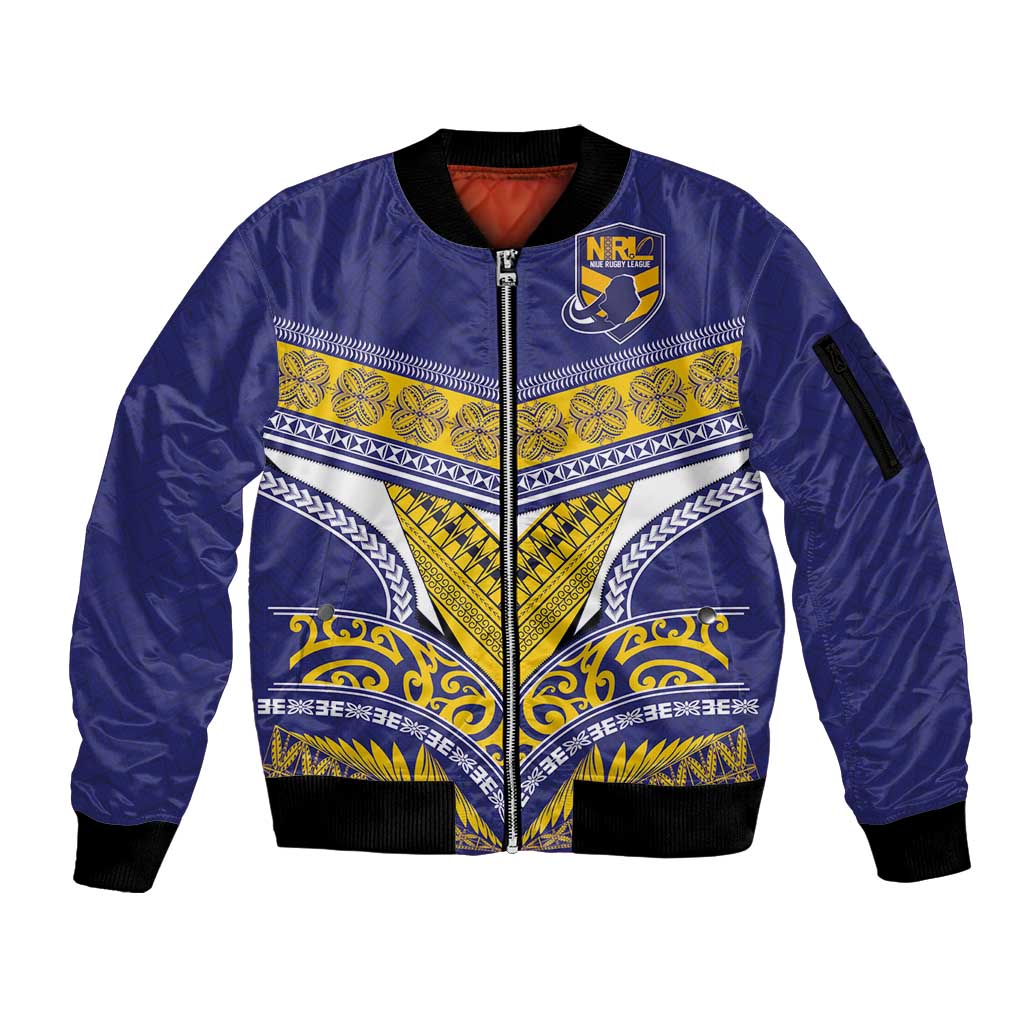 Custom Rugby Niue Sleeve Zip Bomber Jacket Hiapo Tribal Heritage Tattoos Blue Color - Polynesian Pride