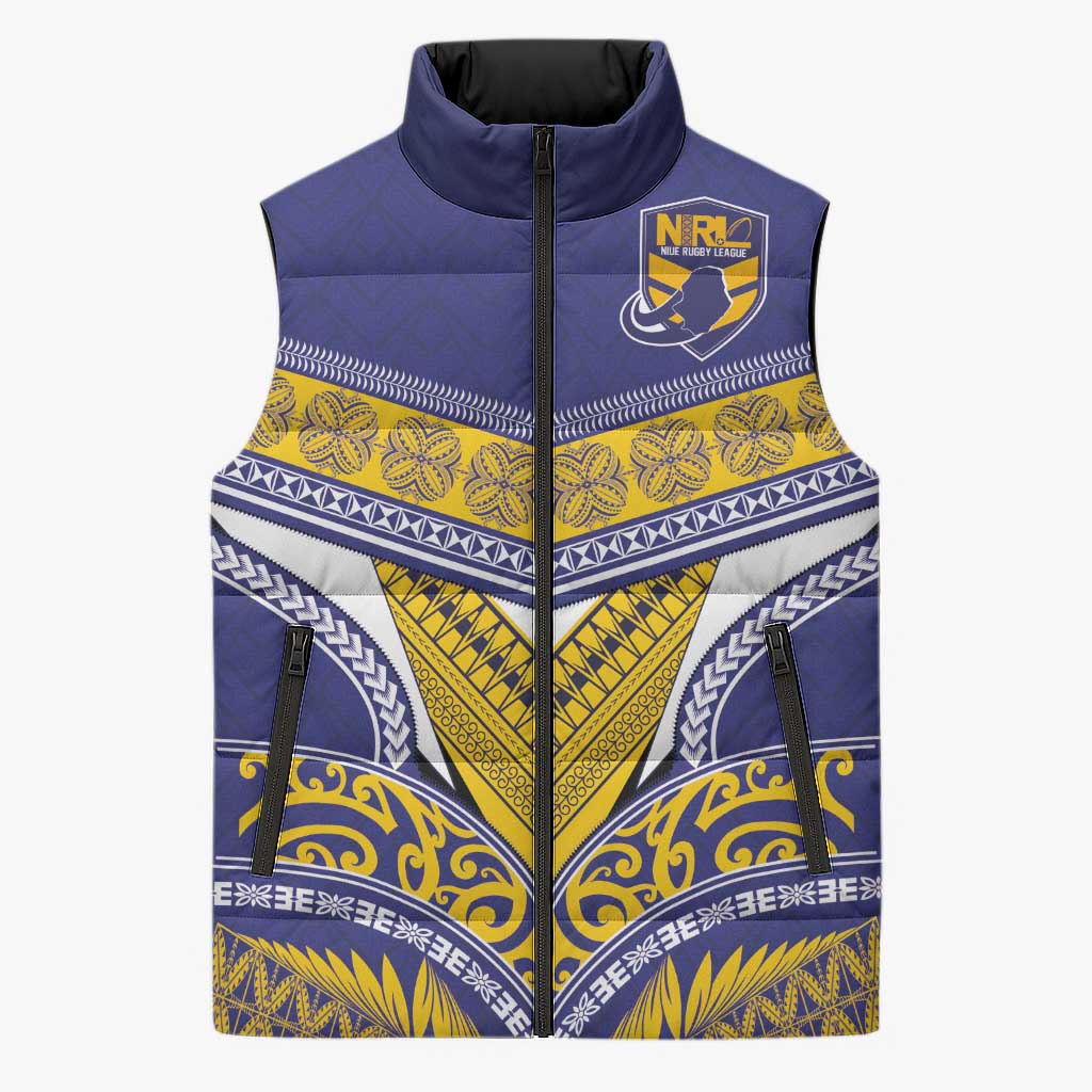 Custom Rugby Niue Sleeveless Puffer Jacket Hiapo Tribal Heritage Tattoos Blue Color - Polynesian Pride