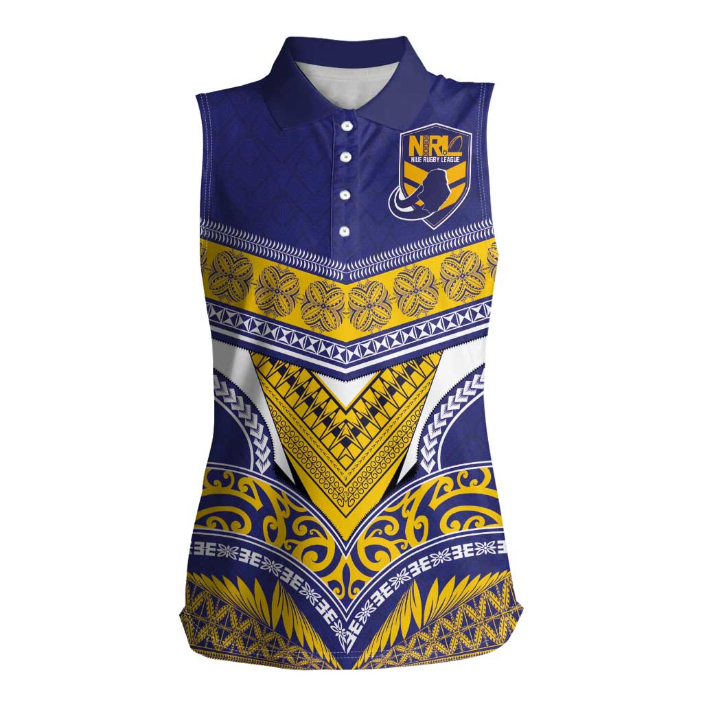 Custom Rugby Niue Women Sleeveless Polo Shirt Hiapo Tribal Heritage Tattoos Blue Color - Polynesian Pride