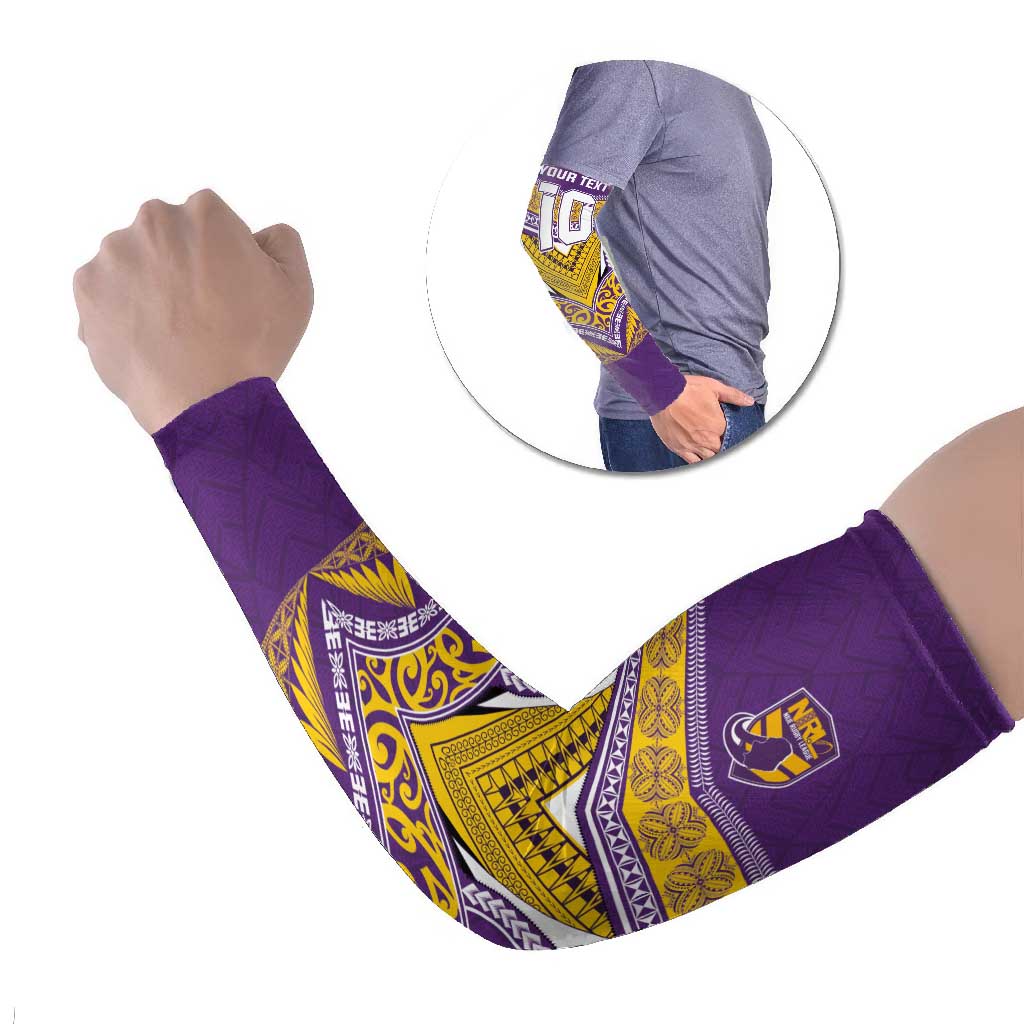 Custom Rugby Niue Arm Sleeves Hiapo Tribal Heritage Tattoos Purple Color - Polynesian Pride