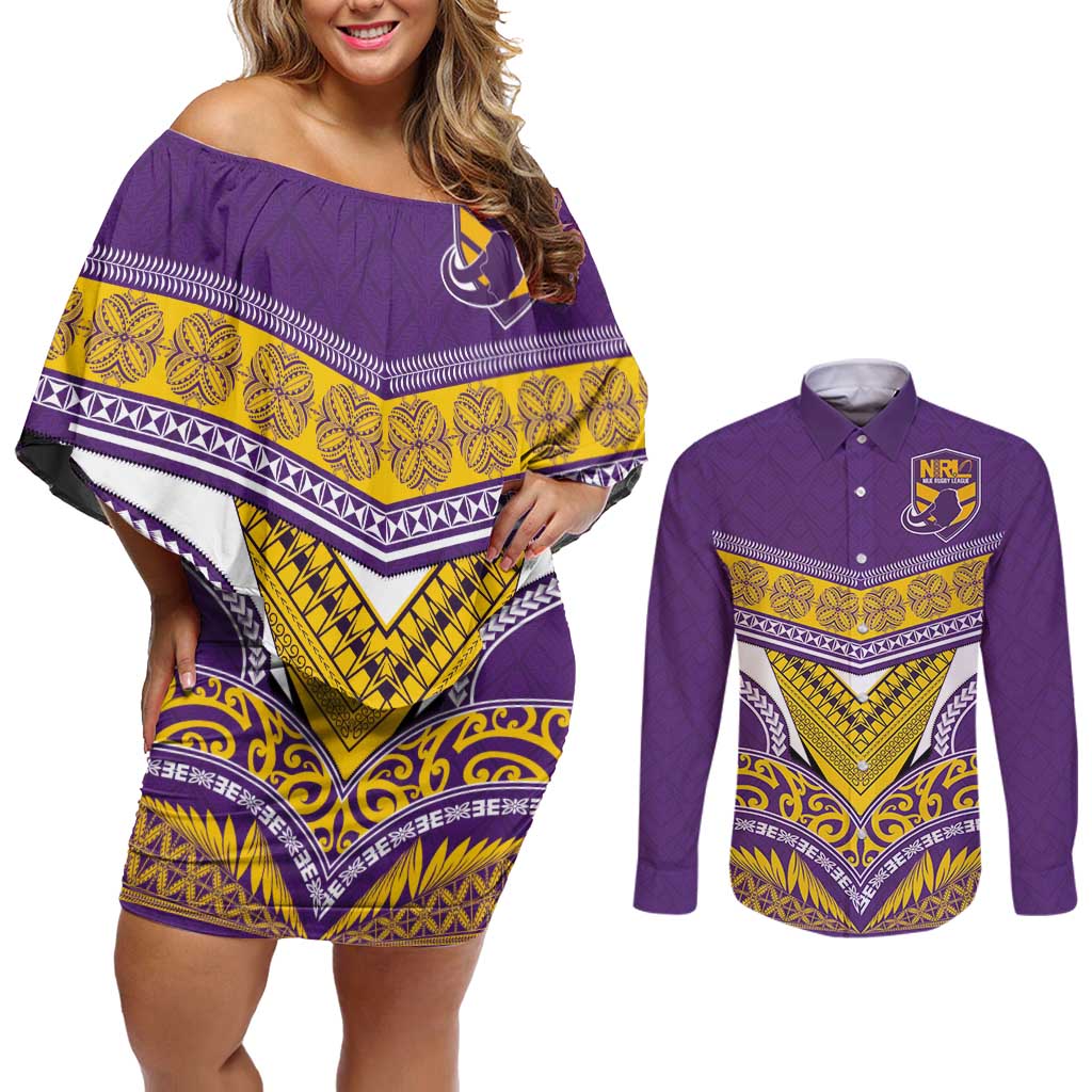 Custom Rugby Niue Couples Matching Off Shoulder Short Dress and Long Sleeve Button Shirt Hiapo Tribal Heritage Tattoos Purple Color - Polynesian Pride