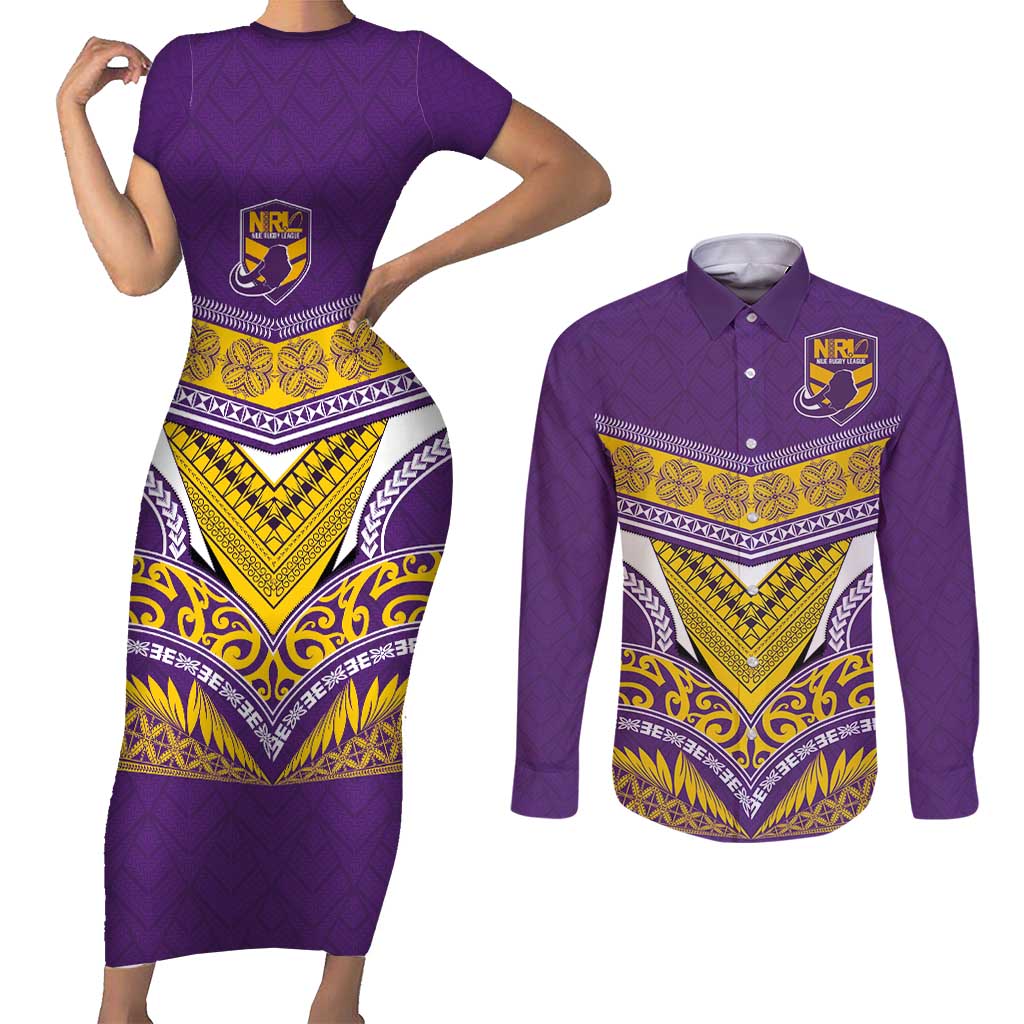 Custom Rugby Niue Couples Matching Short Sleeve Bodycon Dress and Long Sleeve Button Shirt Hiapo Tribal Heritage Tattoos Purple Color - Polynesian Pride