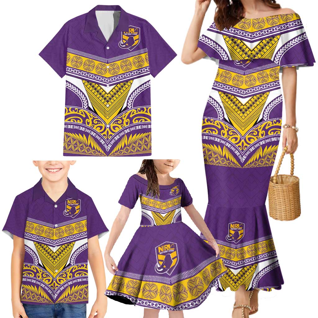 Custom Rugby Niue Family Matching Mermaid Dress and Hawaiian Shirt Hiapo Tribal Heritage Tattoos Purple Color - Polynesian Pride