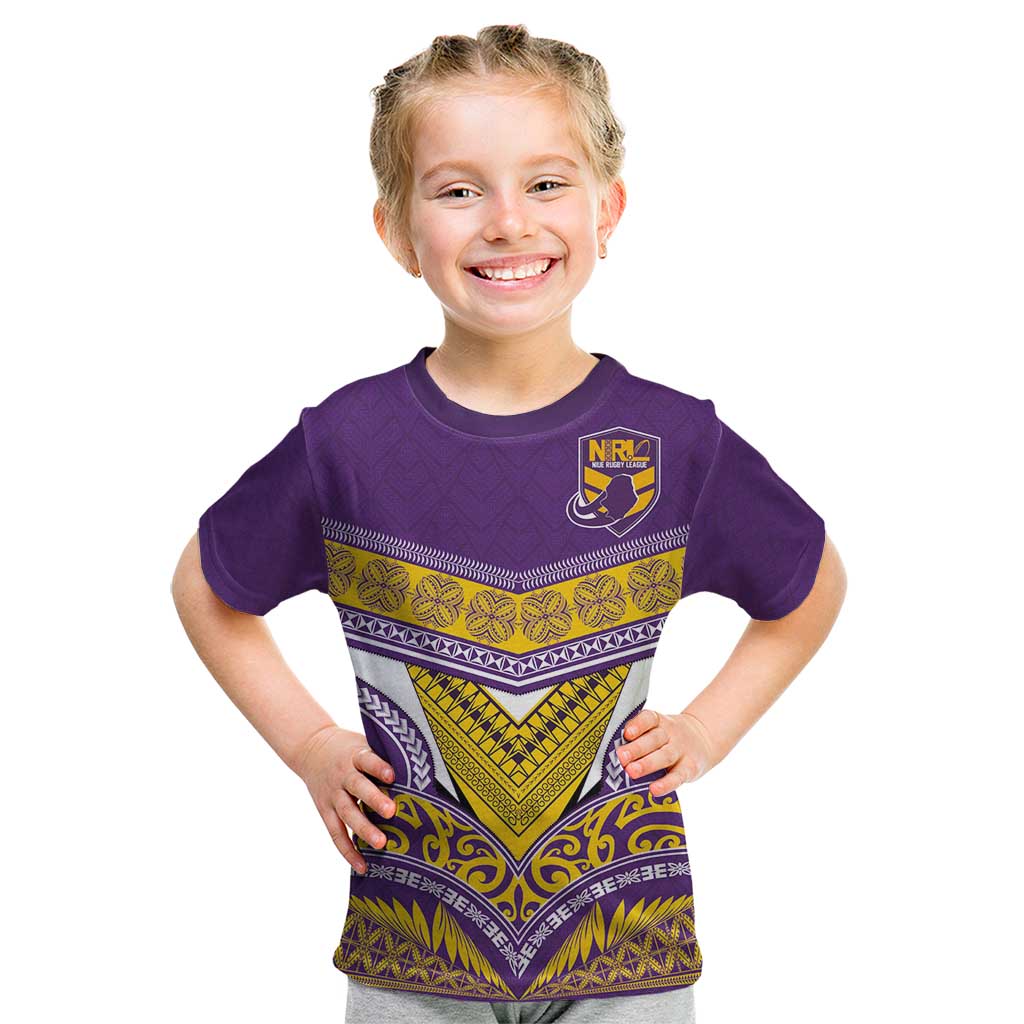 Custom Rugby Niue Kid T Shirt Hiapo Tribal Heritage Tattoos Purple Color - Polynesian Pride