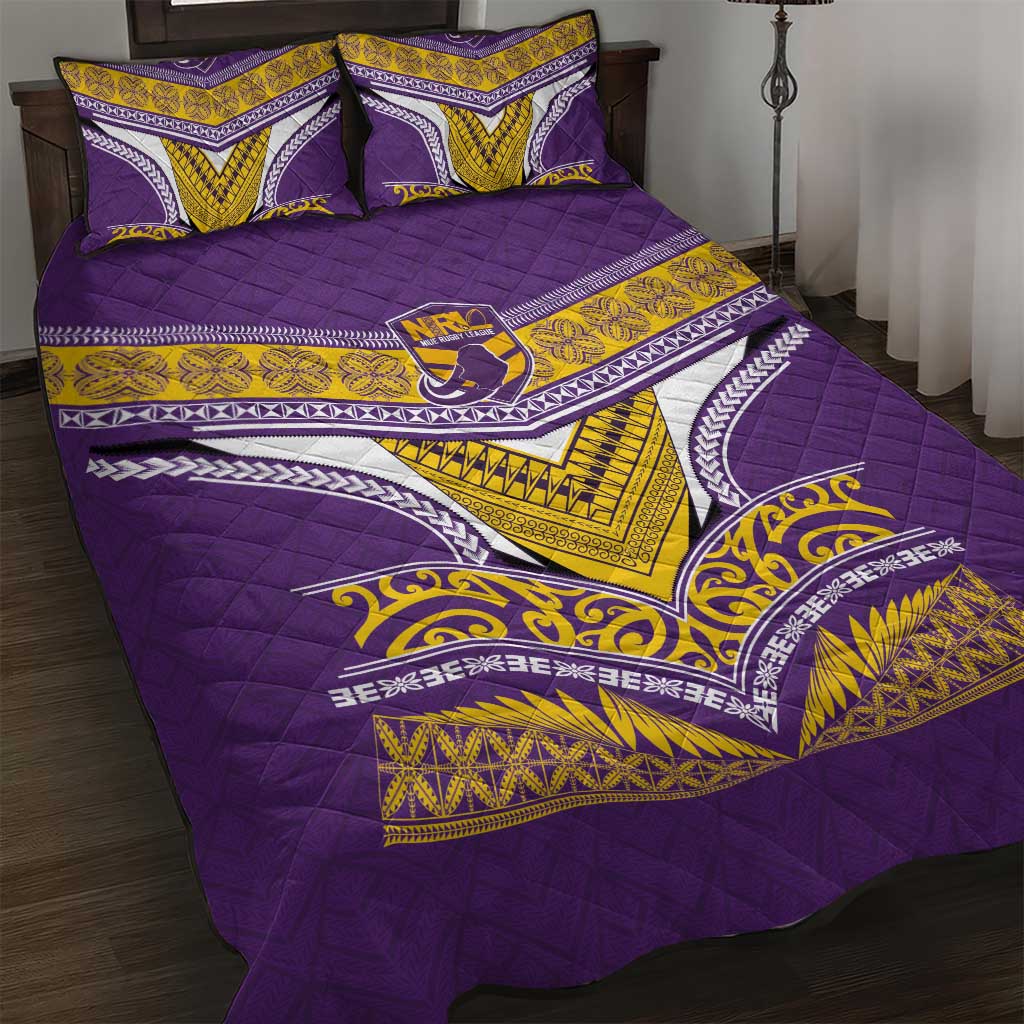 Rugby Niue Quilt Bed Set Hiapo Tribal Heritage Tattoos Purple Color - Polynesian Pride