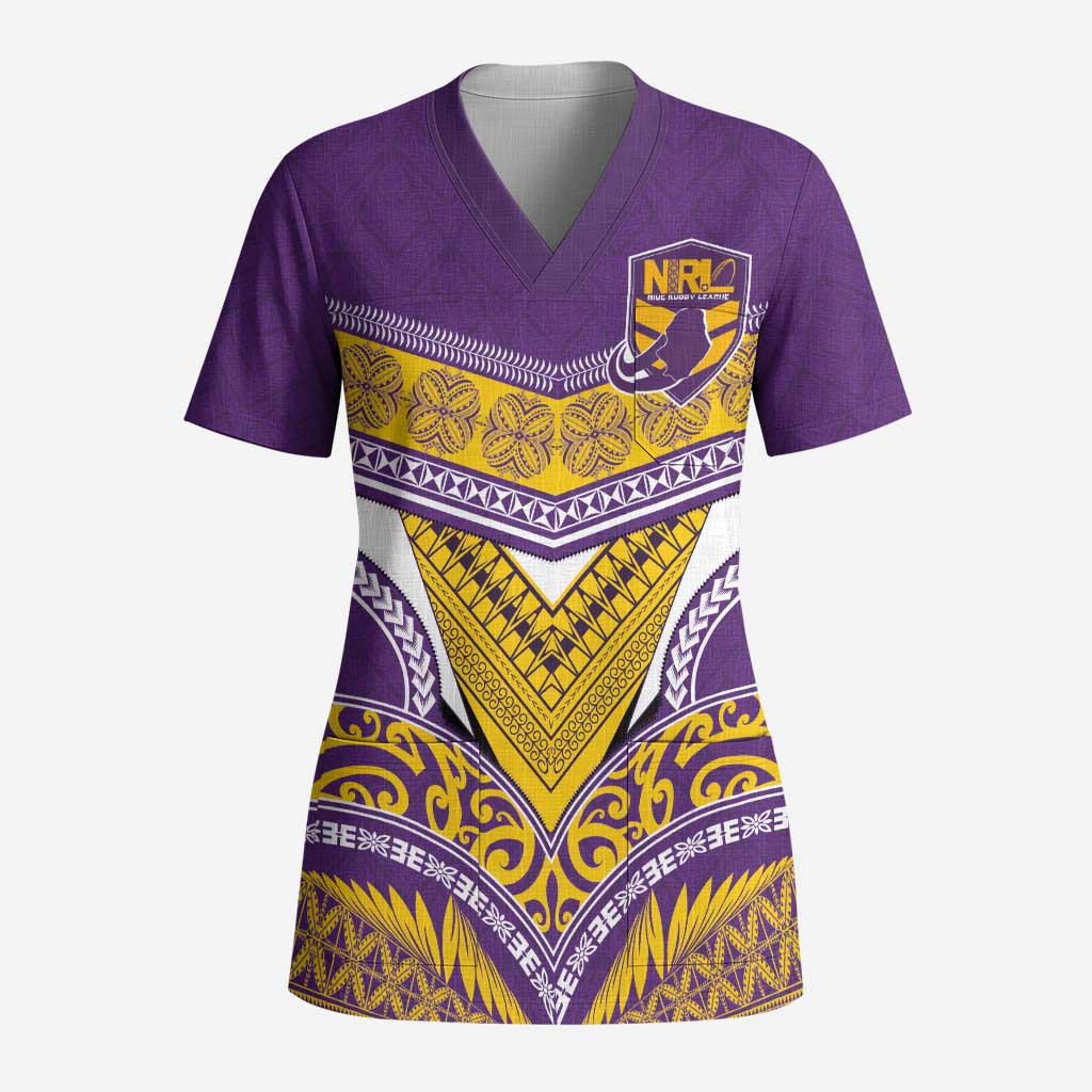 Custom Rugby Niue Scrub Top Hiapo Tribal Heritage Tattoos Purple Color - Polynesian Pride