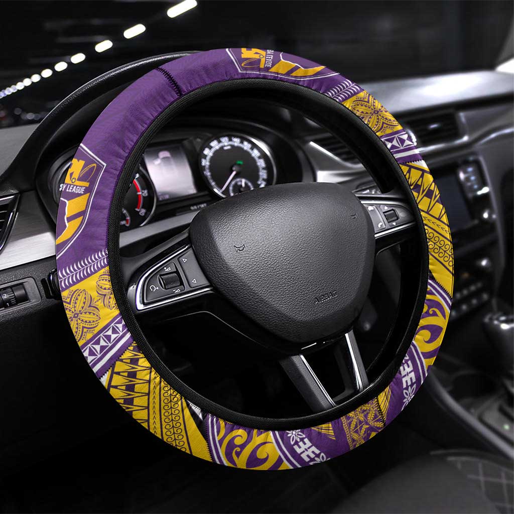 Rugby Niue Steering Wheel Cover Hiapo Tribal Heritage Tattoos Purple Color - Polynesian Pride