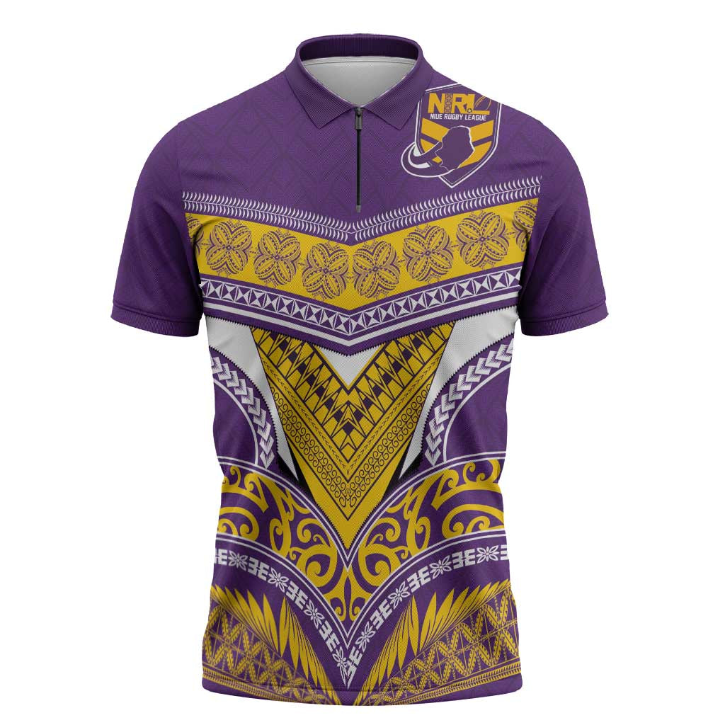 Custom Rugby Niue Zipper Polo Shirt Hiapo Tribal Heritage Tattoos Purple Color - Polynesian Pride