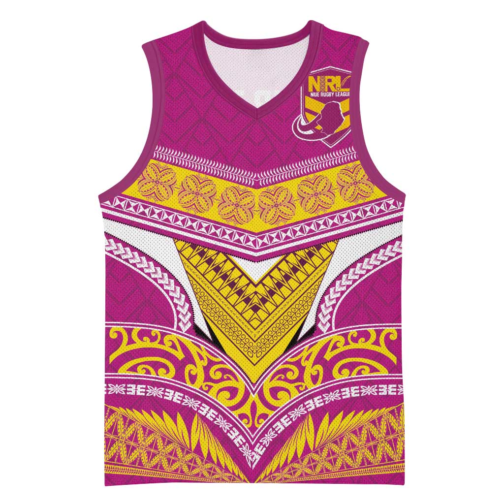 Custom Rugby Niue Basketball Jersey Hiapo Tribal Heritage Tattoos Pink Color - Polynesian Pride