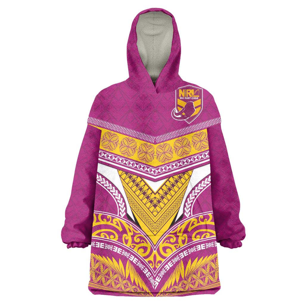 Custom Rugby Niue Wearable Blanket Hoodie Hiapo Tribal Heritage Tattoos Pink Color - Polynesian Pride