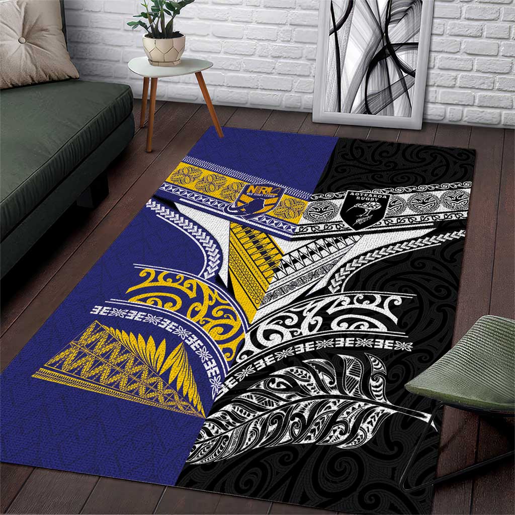 Rugby Niue and Aotearoa Area Rug Hiapo with Maori Moko Tribal Heritage Tattoos - Polynesian Pride