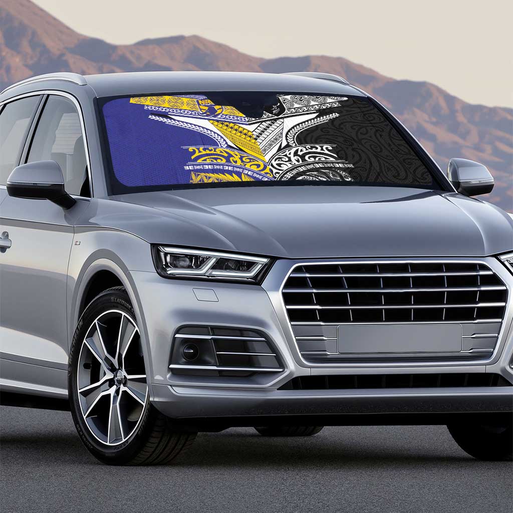 Rugby Niue and Aotearoa Auto Sun Shade Hiapo with Maori Moko Tribal Heritage Tattoos - Polynesian Pride