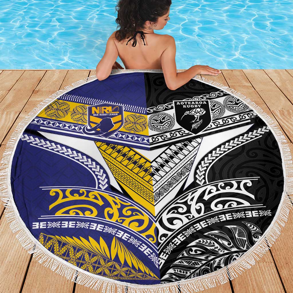 Rugby Niue and Aotearoa Beach Blanket Hiapo with Maori Moko Tribal Heritage Tattoos LT03 - Polynesian Pride