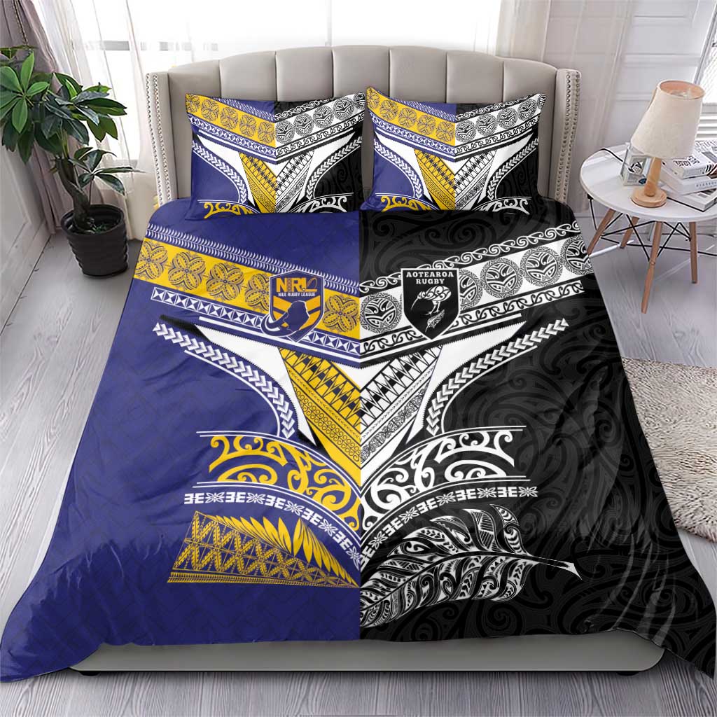 Rugby Niue and Aotearoa Bedding Set Hiapo with Maori Moko Tribal Heritage Tattoos - Polynesian Pride