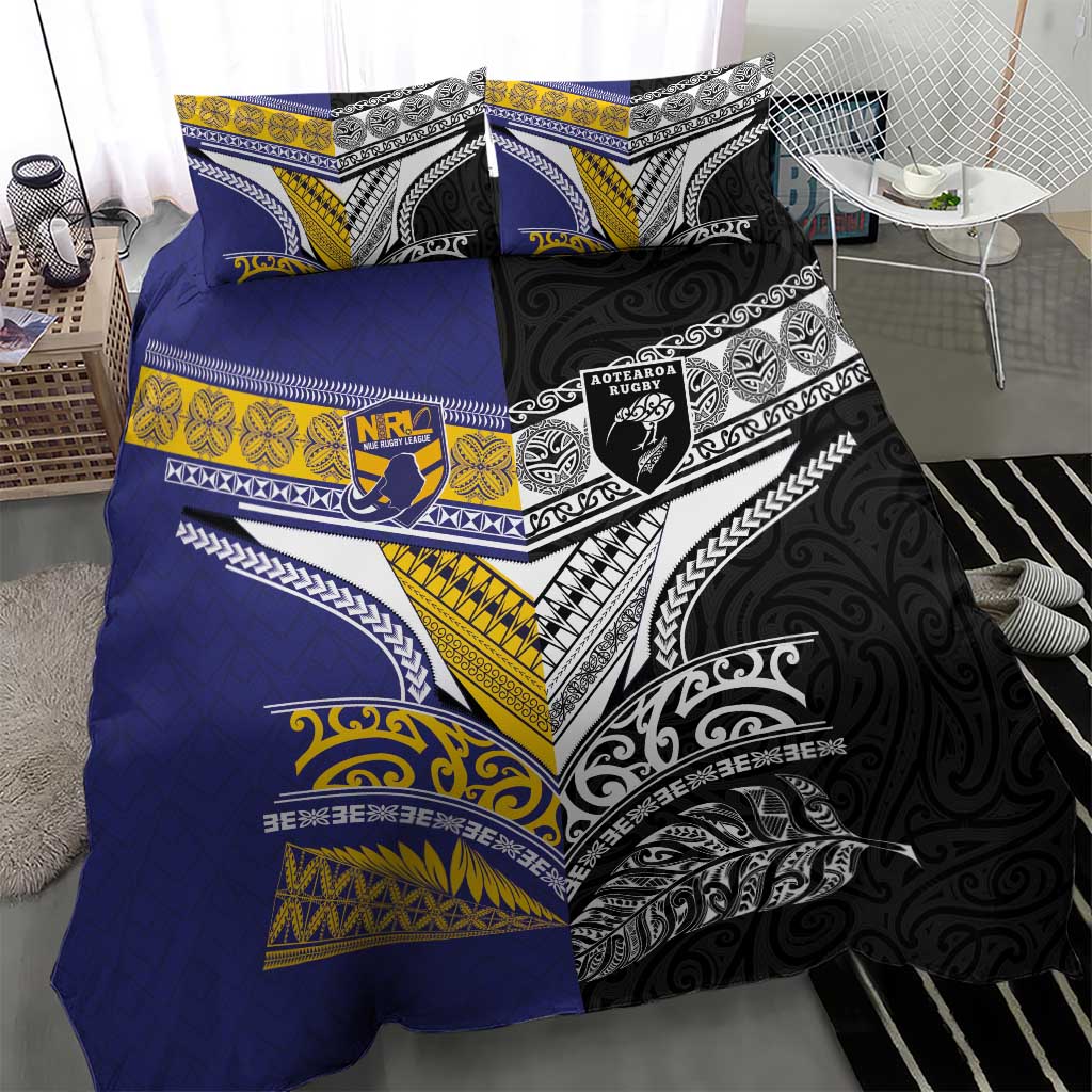 Rugby Niue and Aotearoa Bedding Set Hiapo with Maori Moko Tribal Heritage Tattoos - Polynesian Pride