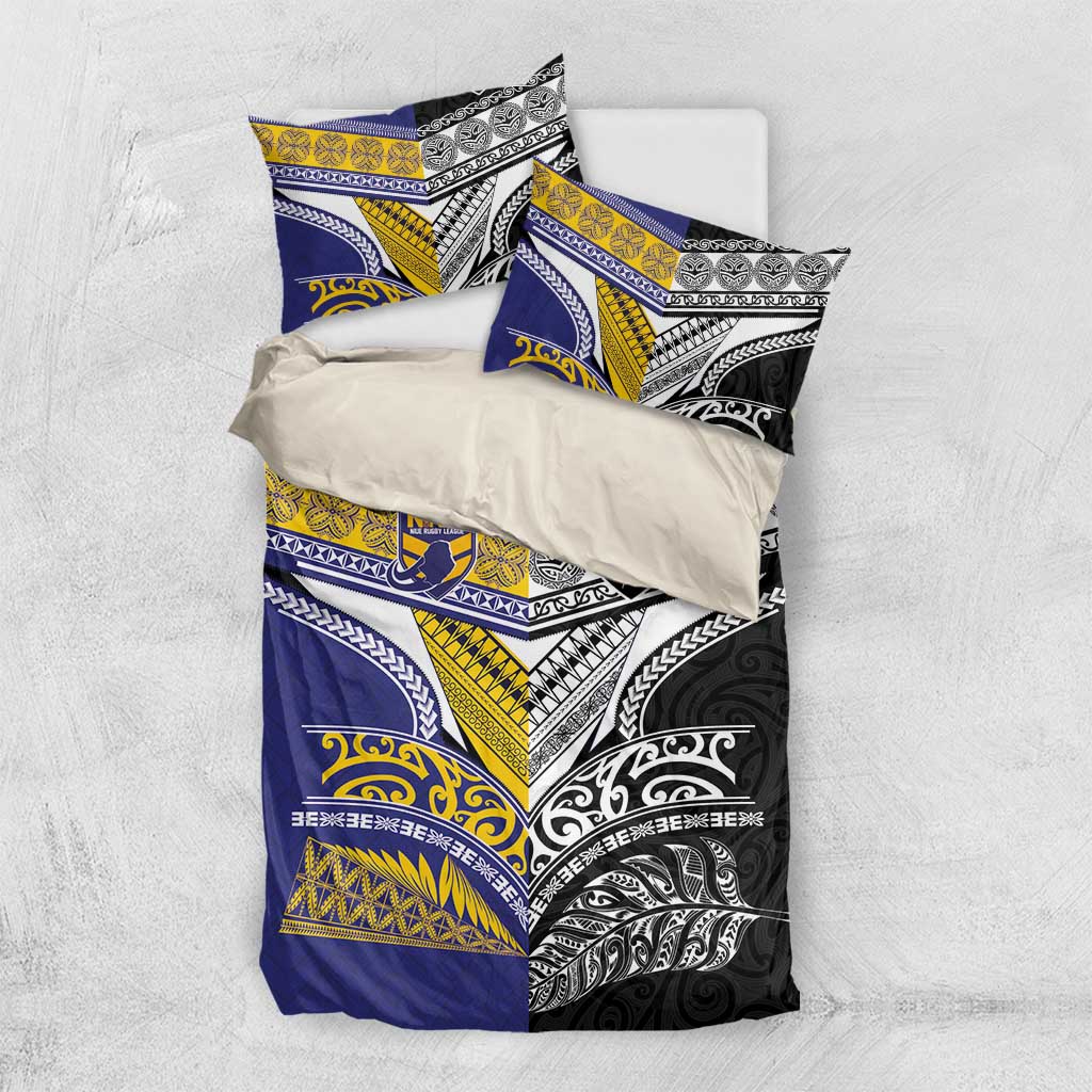 Rugby Niue and Aotearoa Bedding Set Hiapo with Maori Moko Tribal Heritage Tattoos - Polynesian Pride