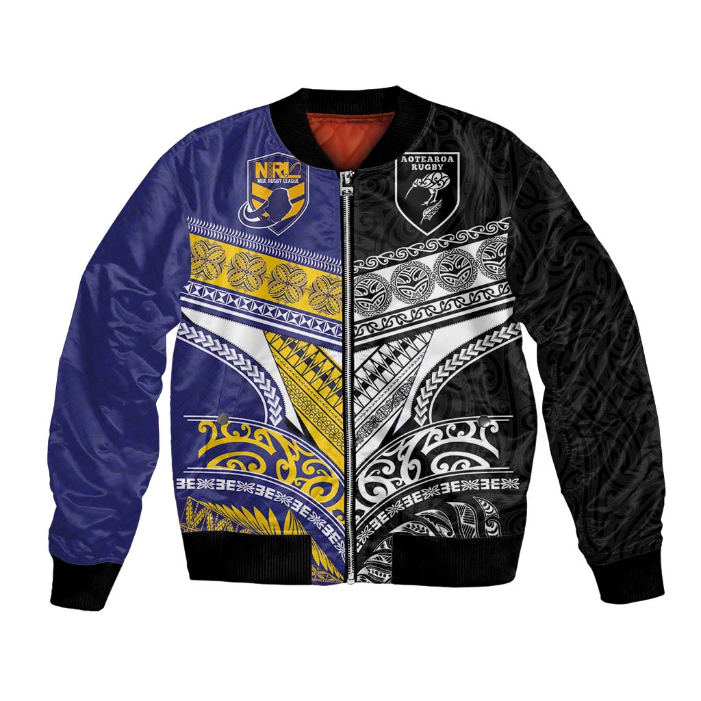 Custom Rugby Niue and Aotearoa Bomber Jacket Hiapo with Maori Moko Tribal Heritage Tattoos LT03 Unisex Black - Polynesian Pride