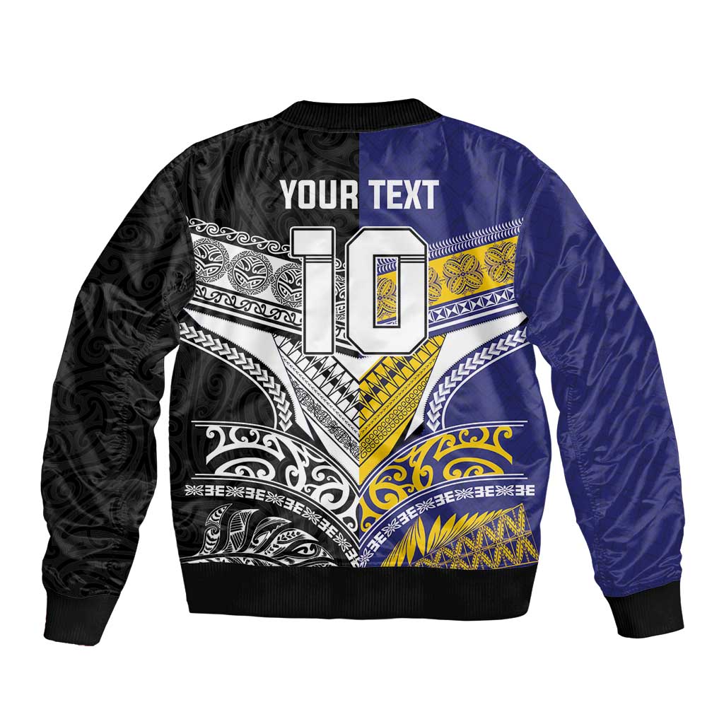 Custom Rugby Niue and Aotearoa Bomber Jacket Hiapo with Maori Moko Tribal Heritage Tattoos LT03 - Polynesian Pride