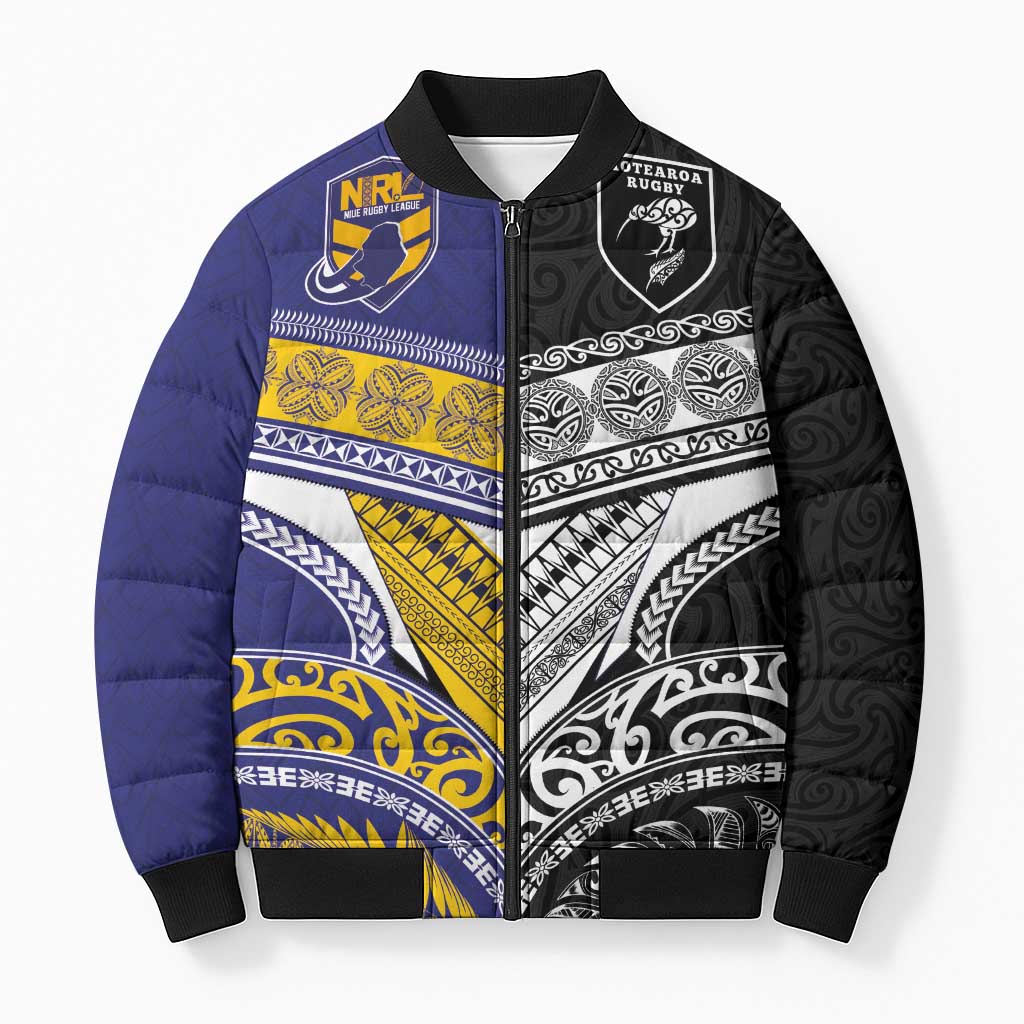 Custom Rugby Niue and Aotearoa Bomber Puffer Jacket Hiapo with Maori Moko Tribal Heritage Tattoos LT03 Unisex Black - Polynesian Pride