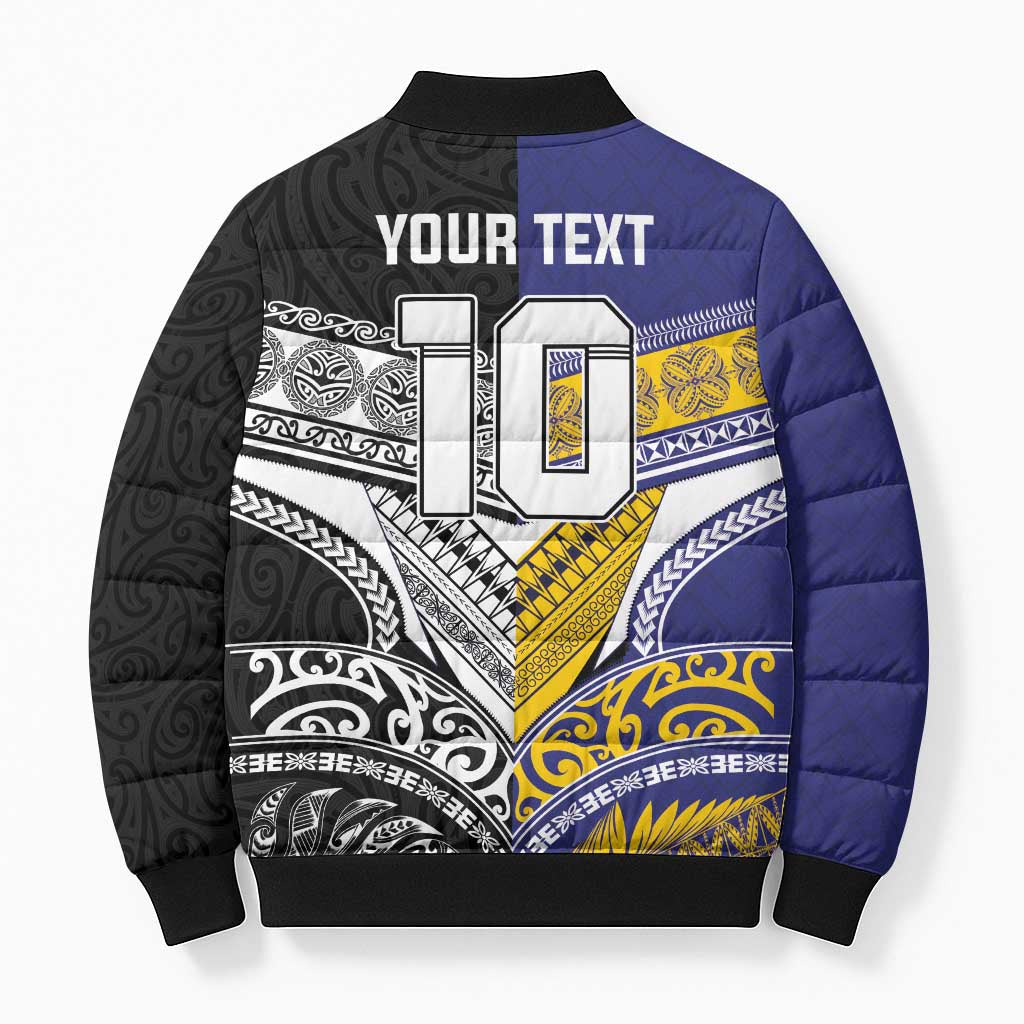 Custom Rugby Niue and Aotearoa Bomber Puffer Jacket Hiapo with Maori Moko Tribal Heritage Tattoos LT03 - Polynesian Pride