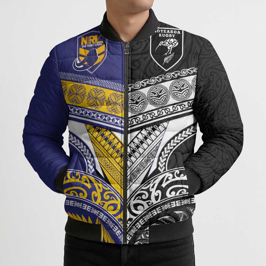 Custom Rugby Niue and Aotearoa Bomber Puffer Jacket Hiapo with Maori Moko Tribal Heritage Tattoos LT03 - Polynesian Pride