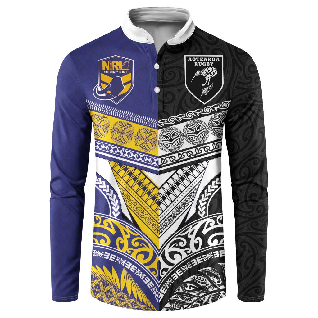 Custom Rugby Niue and Aotearoa Button Sweatshirt Hiapo with Maori Moko Tribal Heritage Tattoos LT03 Black - Polynesian Pride