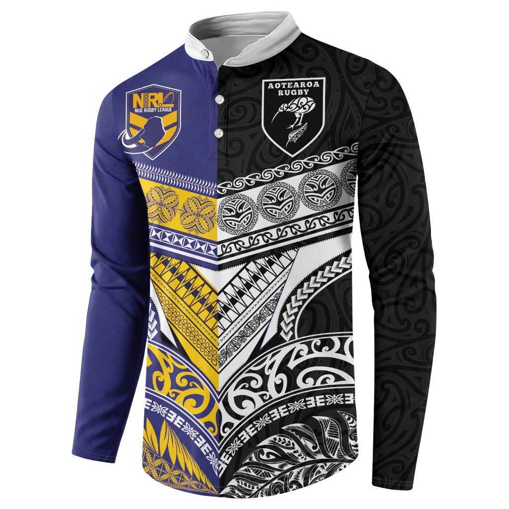 Custom Rugby Niue and Aotearoa Button Sweatshirt Hiapo with Maori Moko Tribal Heritage Tattoos LT03 - Polynesian Pride