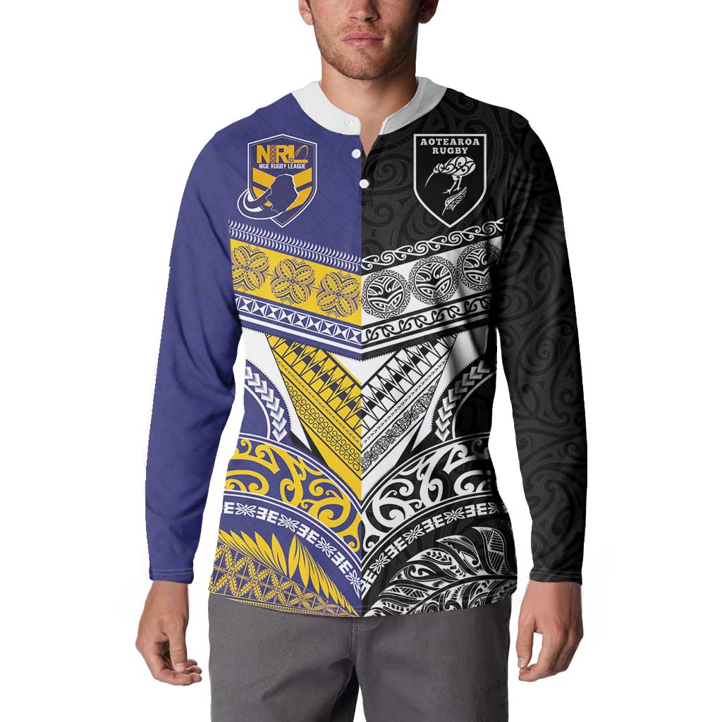 Custom Rugby Niue and Aotearoa Button Sweatshirt Hiapo with Maori Moko Tribal Heritage Tattoos LT03 - Polynesian Pride