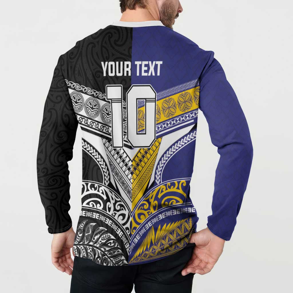 Custom Rugby Niue and Aotearoa Button Sweatshirt Hiapo with Maori Moko Tribal Heritage Tattoos LT03 - Polynesian Pride