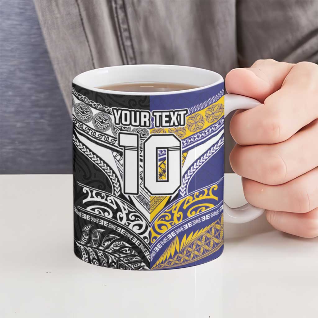 Custom Rugby Niue and Aotearoa Ceramic Mug Hiapo with Maori Moko Tribal Heritage Tattoos - Polynesian Pride