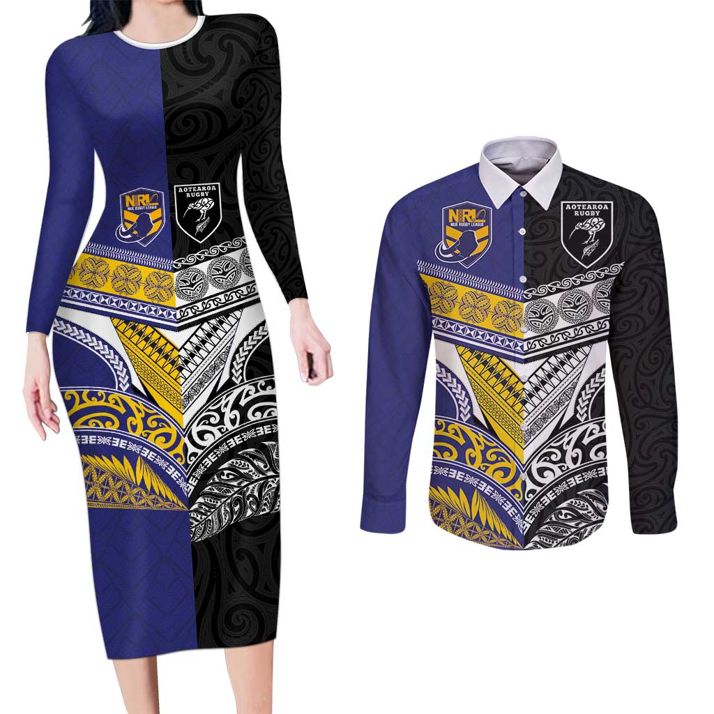 Custom Rugby Niue and Aotearoa Couples Matching Long Sleeve Bodycon Dress and Long Sleeve Button Shirt Hiapo with Maori Moko Tribal Heritage Tattoos LT03 Black - Polynesian Pride