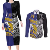 Custom Rugby Niue and Aotearoa Couples Matching Long Sleeve Bodycon Dress and Long Sleeve Button Shirt Hiapo with Maori Moko Tribal Heritage Tattoos LT03 Black - Polynesian Pride