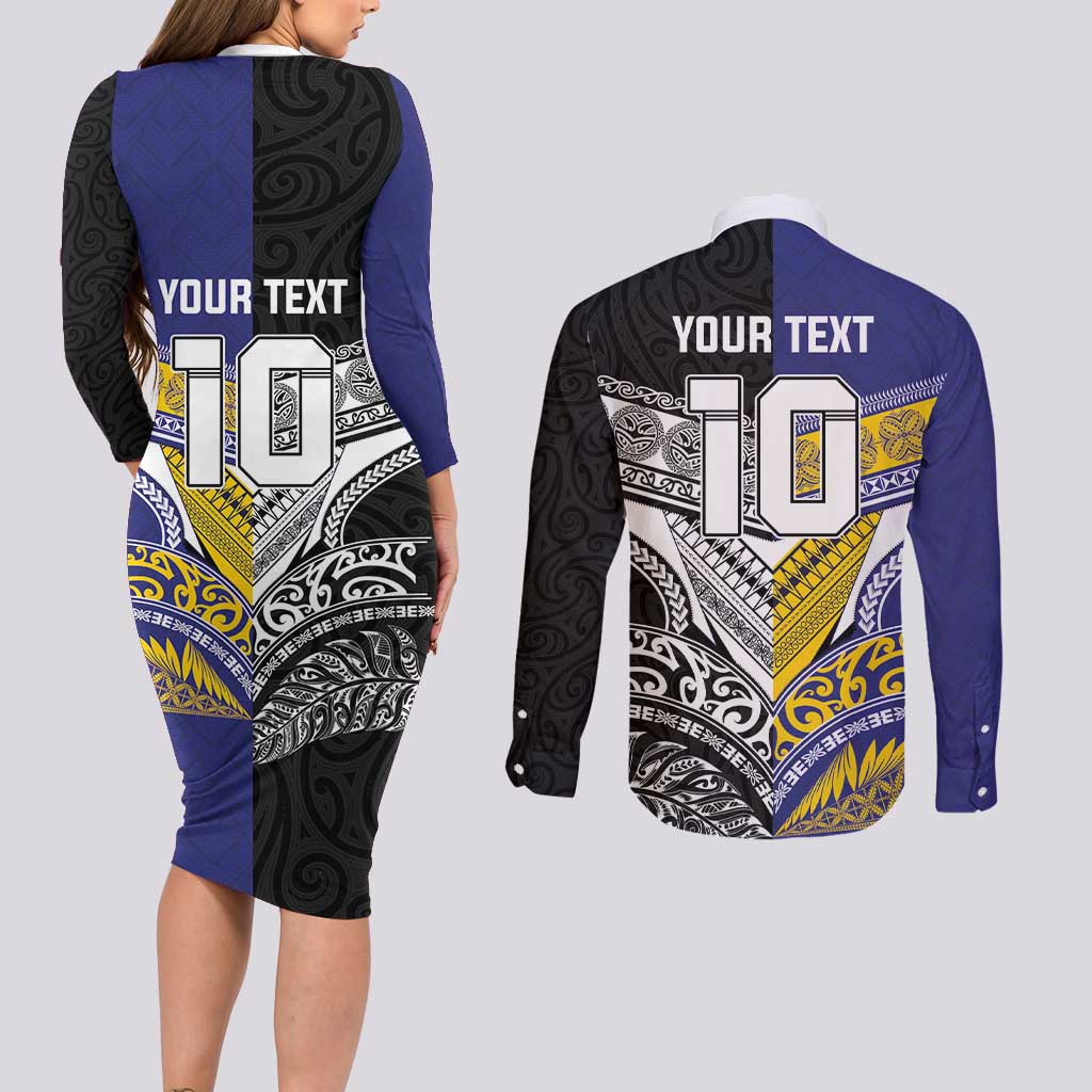Custom Rugby Niue and Aotearoa Couples Matching Long Sleeve Bodycon Dress and Long Sleeve Button Shirt Hiapo with Maori Moko Tribal Heritage Tattoos LT03 - Polynesian Pride