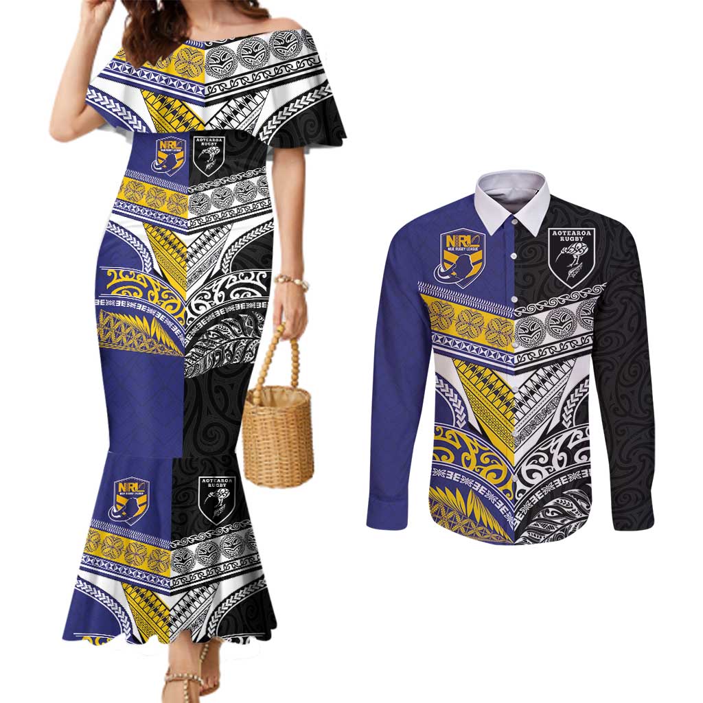Custom Rugby Niue and Aotearoa Couples Matching Mermaid Dress and Long Sleeve Button Shirt Hiapo with Maori Moko Tribal Heritage Tattoos LT03 Black - Polynesian Pride