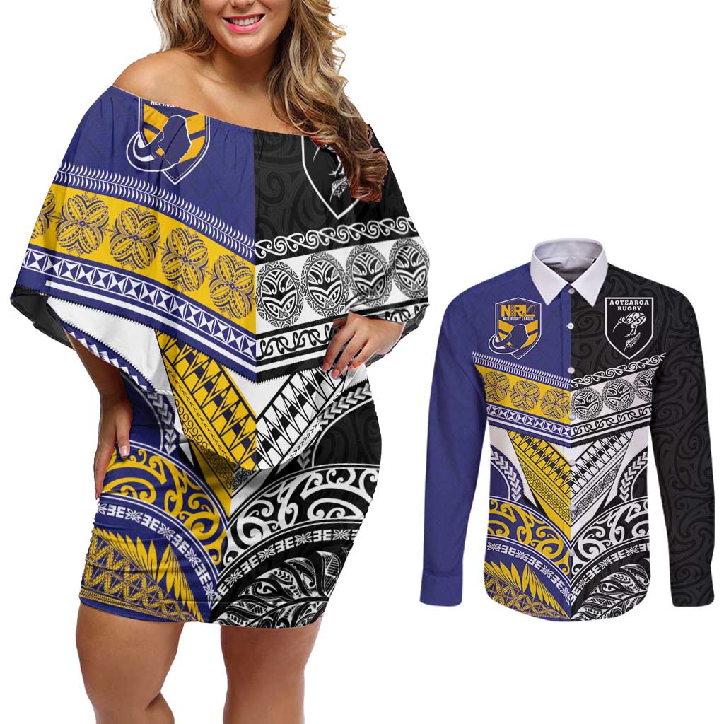 Custom Rugby Niue and Aotearoa Couples Matching Off Shoulder Short Dress and Long Sleeve Button Shirt Hiapo with Maori Moko Tribal Heritage Tattoos LT03 Black - Polynesian Pride