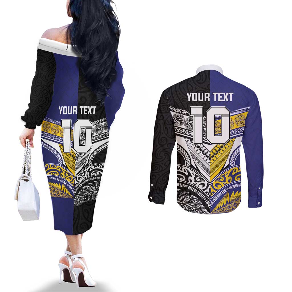 Custom Rugby Niue and Aotearoa Couples Matching Off The Shoulder Long Sleeve Dress and Long Sleeve Button Shirt Hiapo with Maori Moko Tribal Heritage Tattoos LT03 - Polynesian Pride