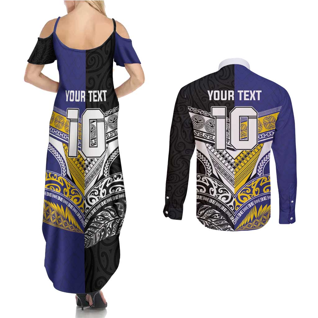 Custom Rugby Niue and Aotearoa Couples Matching Summer Maxi Dress and Long Sleeve Button Shirt Hiapo with Maori Moko Tribal Heritage Tattoos LT03 - Polynesian Pride