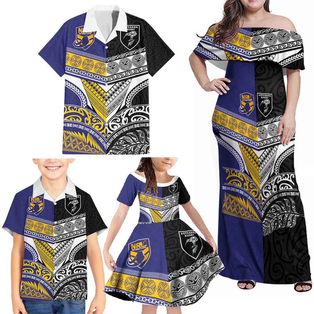 Custom Rugby Niue and Aotearoa Family Matching Off Shoulder Maxi Dress and Hawaiian Shirt Hiapo with Maori Moko Tribal Heritage Tattoos - Polynesian Pride